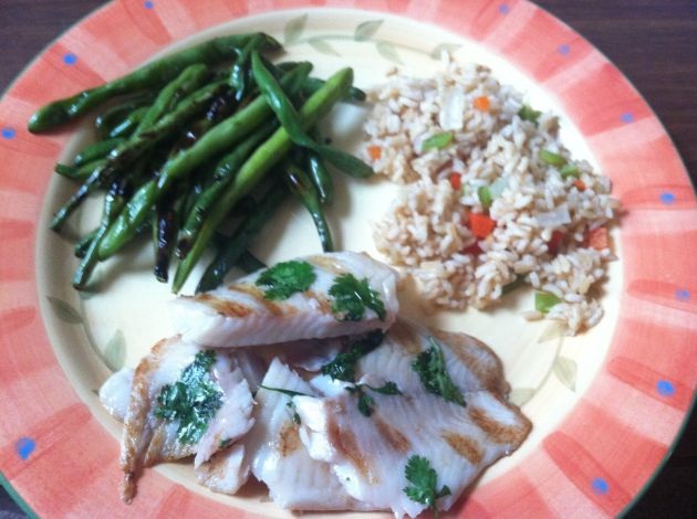 Grilled lime cilantro tilapia with brown rice and peppers and grilled fresh green beans